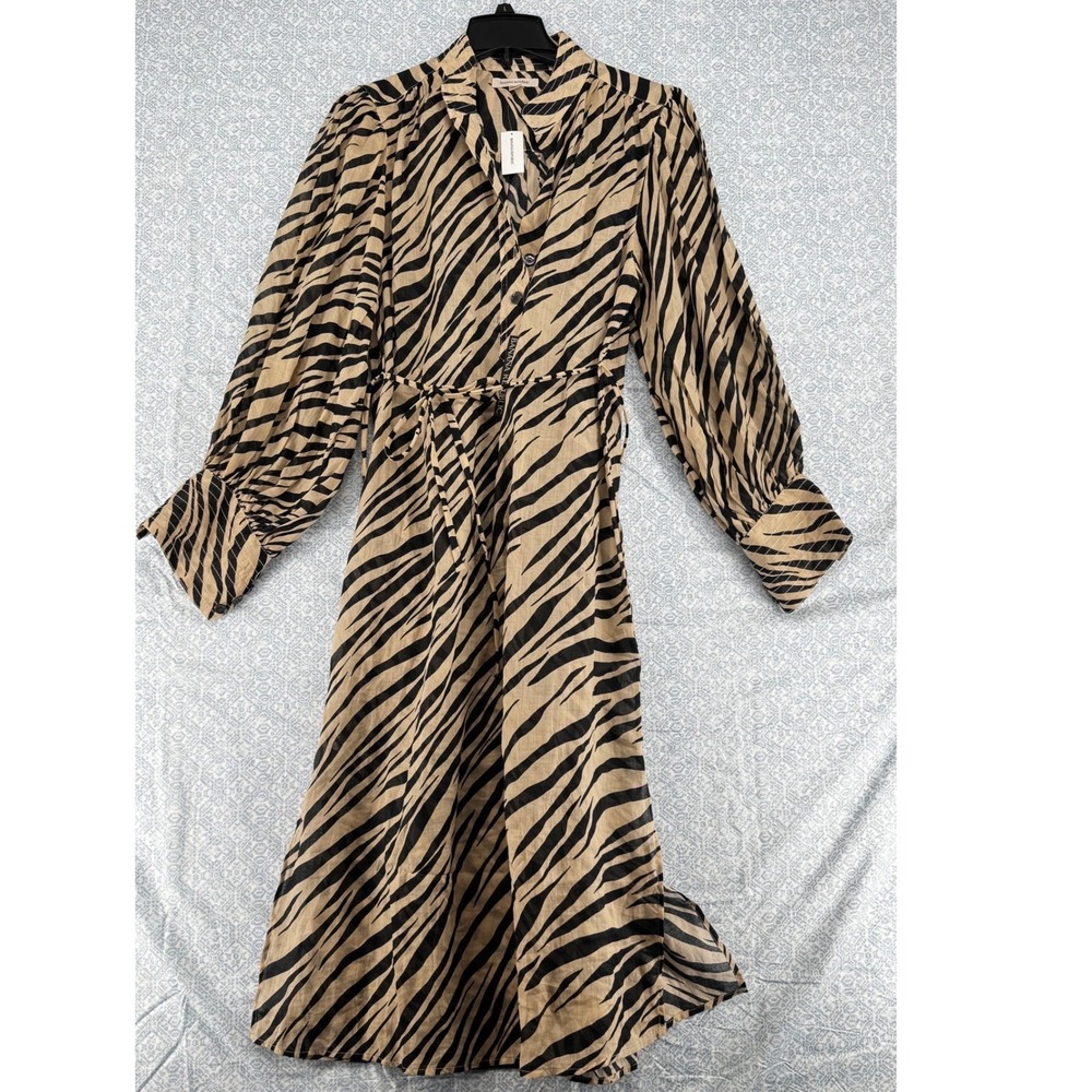Banana Republic Womens Zebra Print Ramie Midi Shirt Dress Tan Black Size M NWT